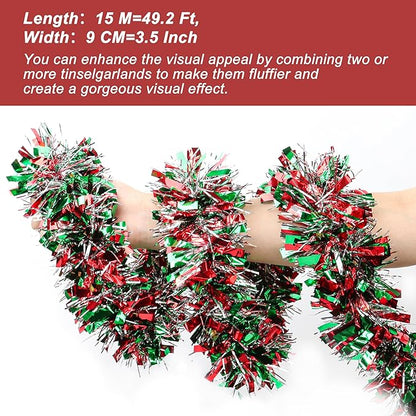 50 FT Christmas Tinsel Garland Christmas Decorations for Xmas Tree Decor Metallic Twist Shiny Hanging Garlands for Tree Mantel Stairs Fireplace Home Indoor Holiday Party Supplies (Red Green Silver)