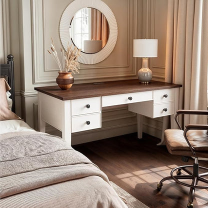 EUREKA ERGONOMIC Farmhouse Writing Desk, 55" Executive Office Desk with 3 Drawers,Keyboard Tray,Mid-Century Modern Computer Desk w Solid Wood Legs,Birch Finish,Antique White