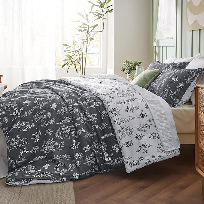 Bedsure Twin/Twin XL Comforter Set - Dark Grey Bed Set, 2 Pieces Cute Floral Bedding, 1 Soft Reversible Botanical Flowers Comforter and 1 Pillow Sham