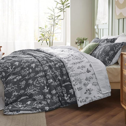 Bedsure Queen Comforter Set - Dark Grey Bed Set, 3 Pieces Cute Floral Bedding, 1 Soft Reversible Botanical Flowers Comforter and 2 Pillow Shams