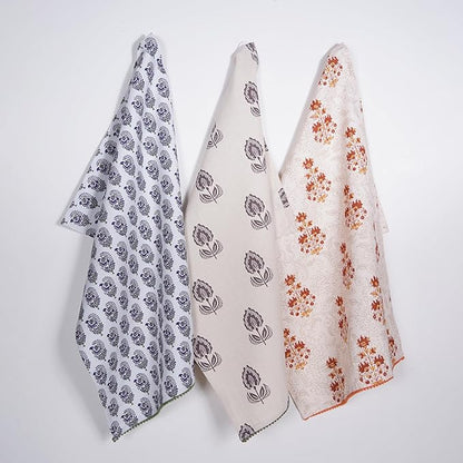 TARAN LIVING Printed Kitchen Dish Bar and Tea Towels Cotton, 18x28 inch with Trims, Cotton Dish Towel Sets (Multicolor Motif, Set of 3)