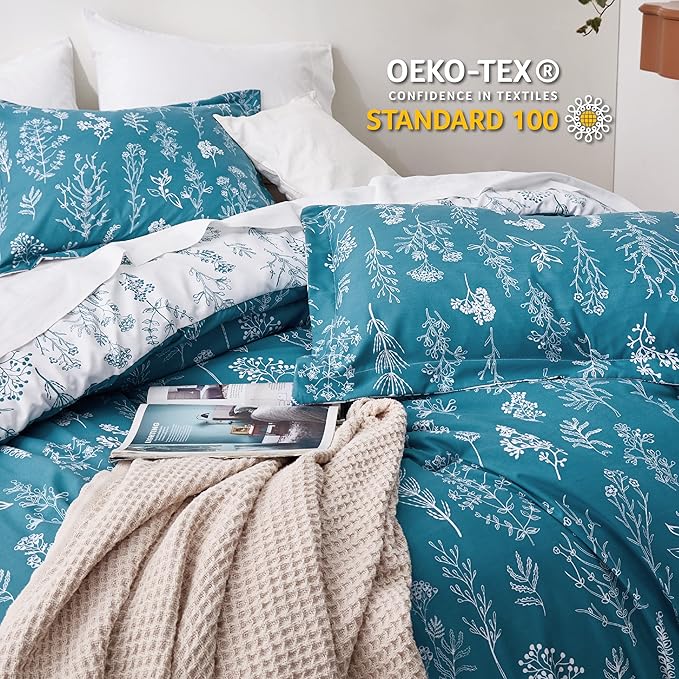 Bedsure California King Comforter Set - Teal Blue Bed Set, 3 Pieces Cute Floral Bedding, 1 Soft Reversible Botanical Flowers Comforter and 2 Pillow Shams