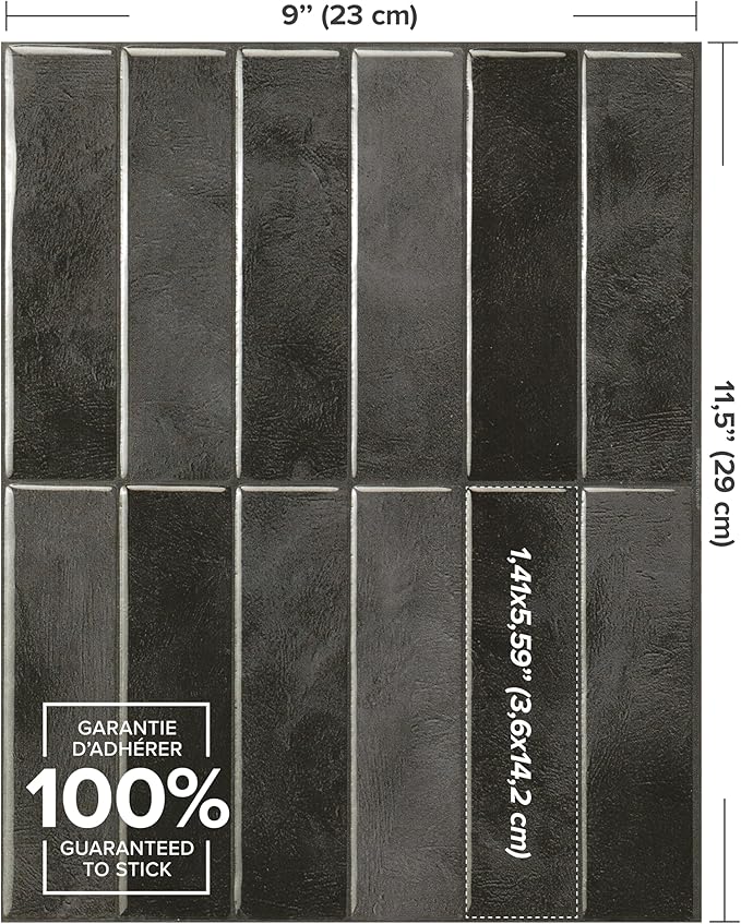 Smart Tiles Peel and Stick Backsplash - 5 Sheets of 11.43''x9'' - 3D Adhesive Peel and Stick Tile Backsplash for Kitchen, Bathroom, Wall Tile, Zaida Black