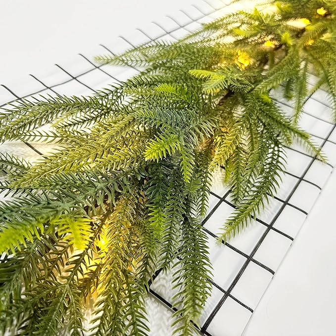 6 FT Artificial Christmas Norfolk Pine Garland, Real Touch Pine Garland with 20 LED Lights, Mixed with Noble Fir, ‌Heavier and Larger, Timer, Perfect for Table Window Mantel Indoor Outdoor