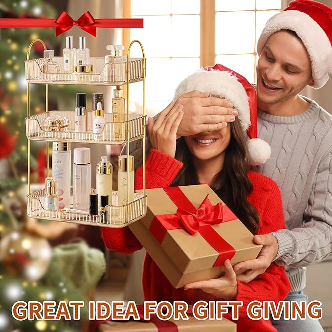 3 Tier Bathroom Organizer Countertop Makeup Perfume Skincare Organizer for Bathroom Dresser Vanity (Gold)