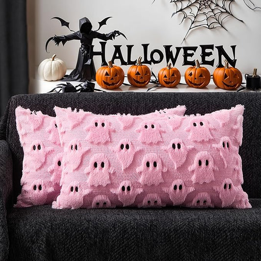 DFXSZ Halloween Pillow Covers 12x20 inch Set of 2 Pink Ghost Throw Pillow Cases Soft Plush Faux Fur Wool Cushion Case for Chair Bedroom Living Room Home Decor PTK03B12