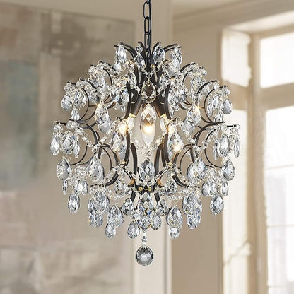 Bestier Modern Black Pendant Chandelier Crystal Raindrop Lighting Ceiling Light Fixture Lamp for Dining Room Bathroom Bedroom Livingroom entryway 3 E12 Bulbs Required D16 in x H18 in