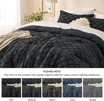 Bedsure Queen Comforter Set - Black Comforter, Boho Tufted Shabby Chic Bedding for Kids, 3 Pieces Vintage Farmhouse Bed Set for All Seasons, Fluffy Soft Bedding with 2 Pillow Shams