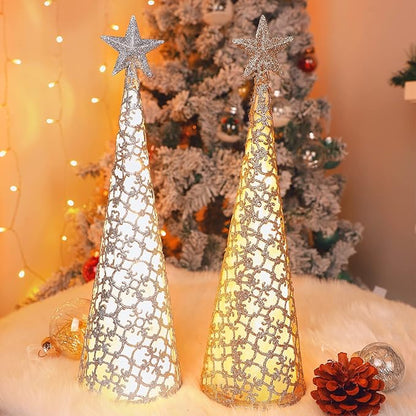 Juegoal Lighted Christmas Table Decorations with Star and 10 LED Lights Battery Operated, Indoor Xmas Thanksgiving Holiday Wedding Party Tabletop Desk Ornament, Set of 2 (Gold, Silver)