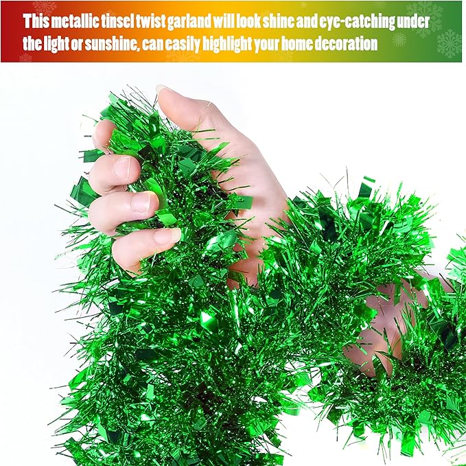 CANREVEL 4 Pieces 26.2 Ft Christmas Garland Metallic Shiny Twist Tinsel Garland Hanging Decorations for Christmas Tree, Mantle, Stairs Railing Decorations - Green