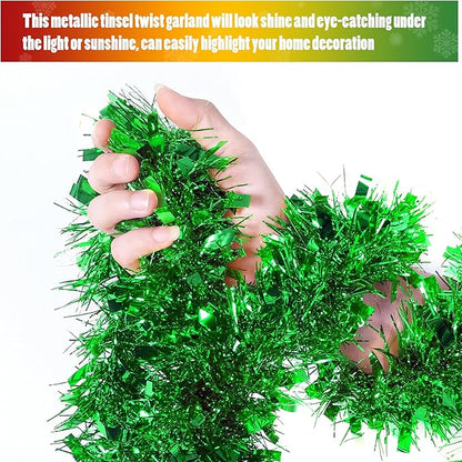 CANREVEL 4 Pieces 26.2 Ft Christmas Garland Metallic Shiny Twist Tinsel Garland Hanging Decorations for Christmas Tree, Mantle, Stairs Railing Decorations - Green