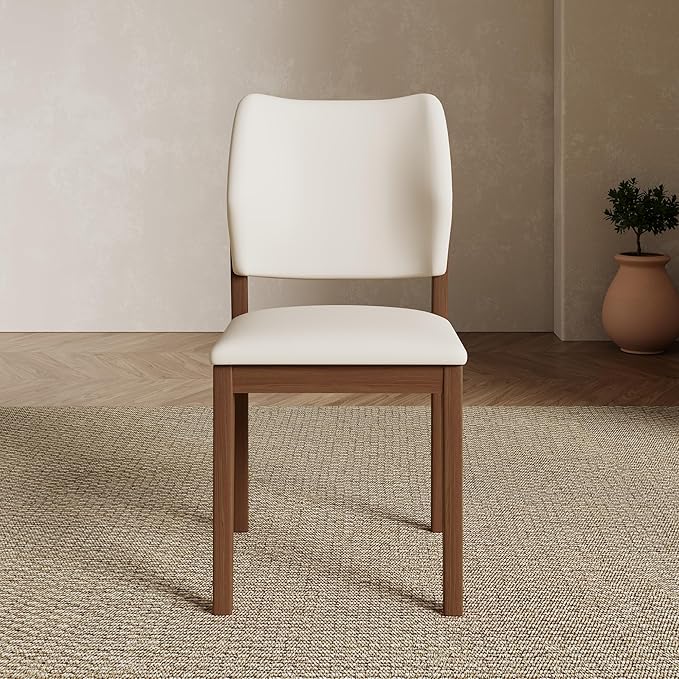 Modern Dining Chairs Set of 2 – Stylish PU Leather High Backrest Dining Room Chair, Upholstered Kitchen Side Chairs with Brown Solid Wood Legs – No Assembly Required