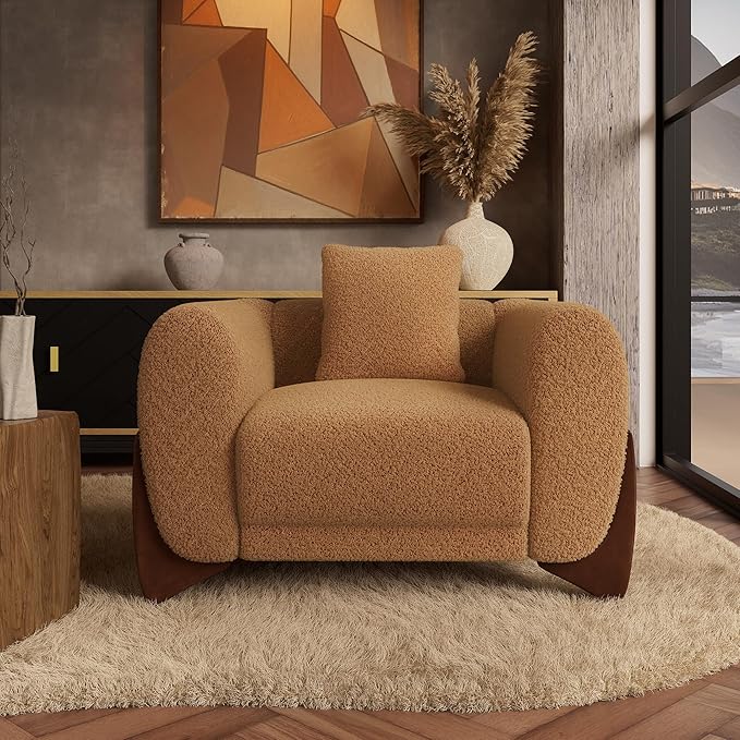 Morden Fort Boucle Armchair, Modern Upholstered Sofa Chair Wooden Leg with Durable Comfy Boucle Pet-Friendly 25'' Deep Seat & Pillow Couch Accent Chairs for Living Room Bedroom Reading, Beige