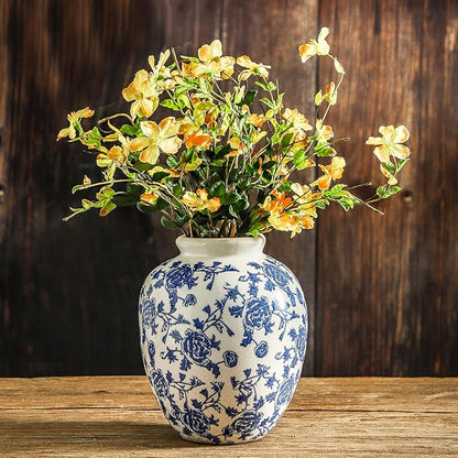 Ceramic Flower Vase, Blue and White Vintage Decorative Vase Chinoiserie Decor Rustic Farmhouse Retro Floral Vases for Table Bookshelf Mantel Kitchen Living Room Office - 7.8inch Blue