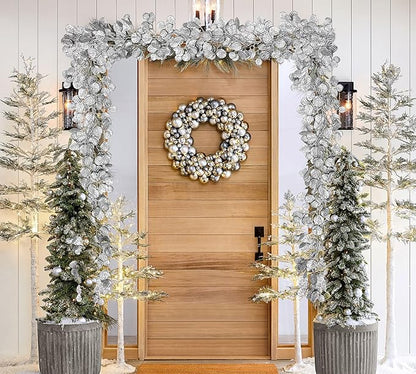 3 Pcs 6FT Christmas Garland Silver Glittered Artificial Eucalyptus Leaves for Mantle Christmas Tree Decorations Indoor Outdoor Hanging Garland Ornaments Garden Door Window Stair Holiday Home Decor