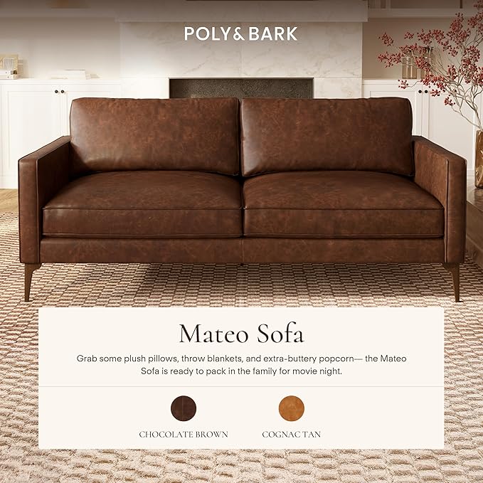 POLY & BARK Mateo Leather Sofa 82" in Full-Grain Pure-Aniline Italian Tanned Leather in Chocolate Brown