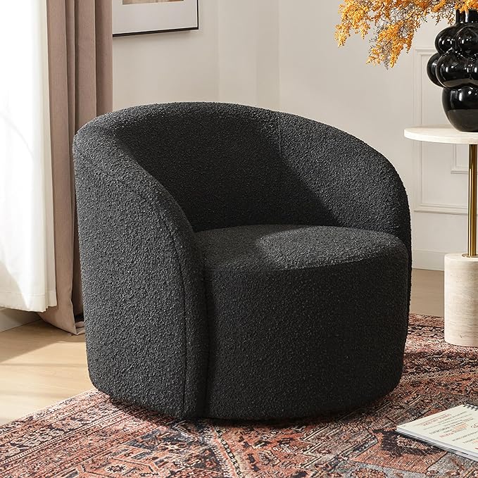 KINWELL 34" W Mid Century Modern Swivel Barrel Chair, Round Upholstered Boucle Swivel Accent Chairs, No Assembly Chair for Living Room Bedroom Reading Apartment Lounge Nursery(Black)