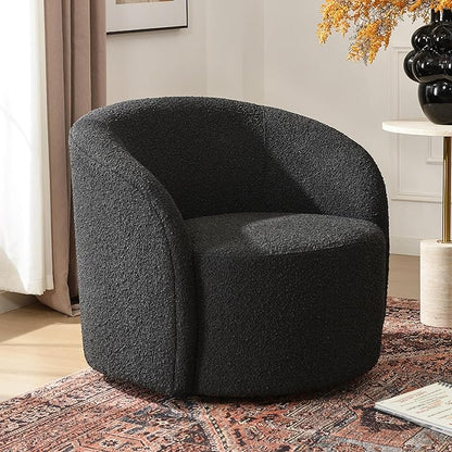 KINWELL 34" W Mid Century Modern Swivel Barrel Chair, Round Upholstered Boucle Swivel Accent Chairs, No Assembly Chair for Living Room Bedroom Reading Apartment Lounge Nursery(Black)