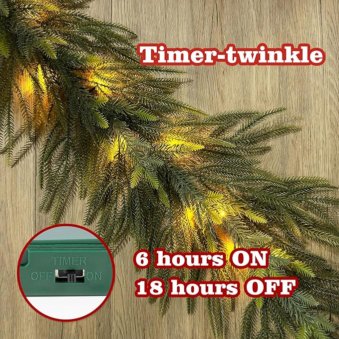 6 FT Artificial Christmas Norfolk Pine Garland, Real Touch Pine Garland with 20 LED Lights, Mixed with Noble Fir, ‌Heavier and Larger, Timer, Perfect for Table Window Mantel Indoor Outdoor