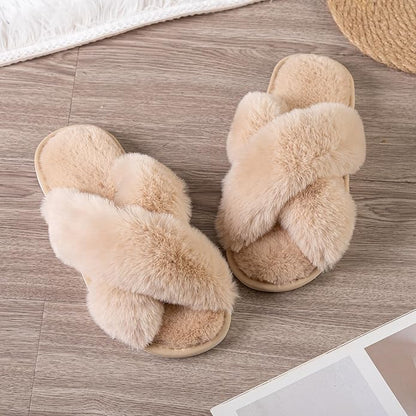 Women's Slipper Memory Foam Cross Band Fuzzy Slippers Open Toe Cozy House Slippers Cozy Plush Bedroom Indoor Outdoor