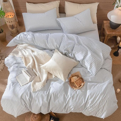 MooMee Striped Duvet Cover Set 100% Washed Cotton Linen Like Textured Breathable Durable Soft Comfy (Cornflower Blue White Classic Stripes, Palatial King/Oversized King 120"x98")