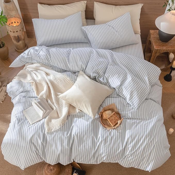 MooMee Striped Duvet Cover Set 100% Washed Cotton Linen Like Textured Breathable Durable Soft Comfy (Cornflower Blue White Classic Stripes, Oversized Queen 98"x98")
