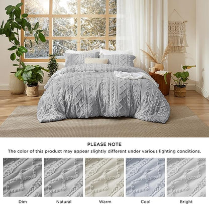 Bedsure Tufted Boho Comforter Set Queen Size - Light Grey Boho Bed Set, GentleSoft™ 3 Pieces Farmhouse Shabby Chic Embroidery Bedding, Gifts for Woman, Soft Jacquard Queen Comforter for All Seasons