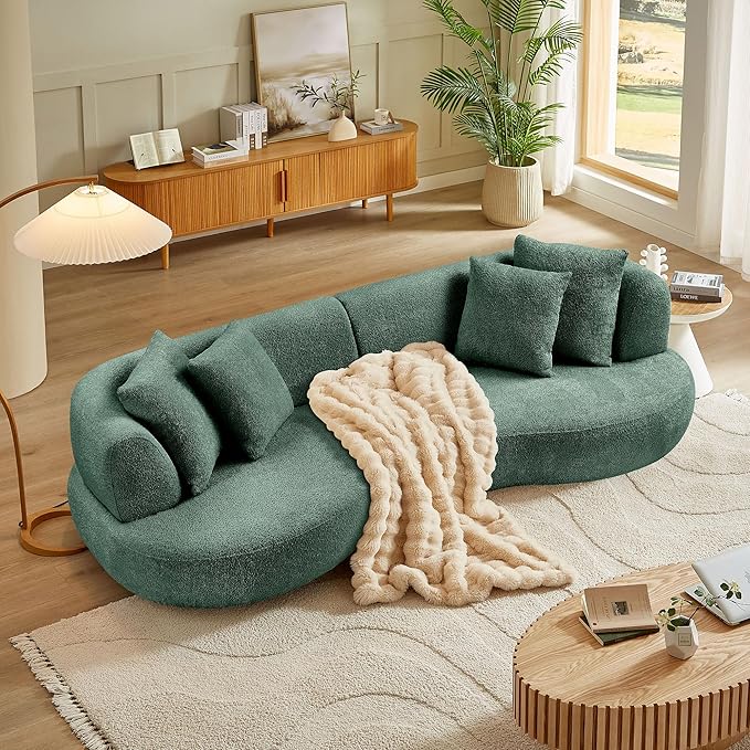 KEIKI 102" Curved Oversized Boucle Modular Sectional Sofa with 4 Throw Pillows, Mid-Century Style 4-Seater Upholstered Corner Plush Comfy Couch, Easy Assembly, for Apartment, Living Room, Green