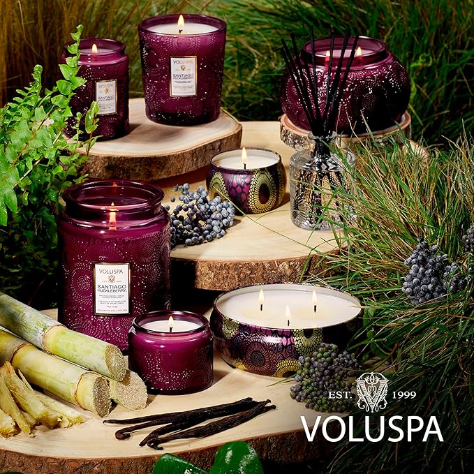 Voluspa Santiago Huckleberry, Large Candle Jar, 18 oz, 100 Hour Burn Time, Coconut Wax for Clean Burning, Handcrafted in the USA