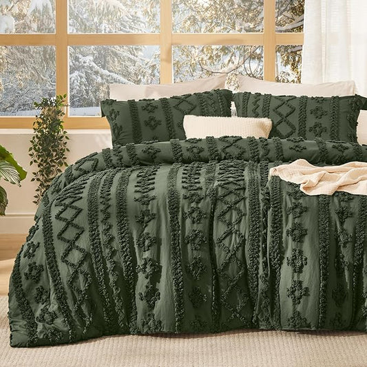 Bedsure Tufted Boho Comforter Set California King - Olive Green Boho Bed Set, GentleSoft™ 3 Pieces Farmhouse Shabby Chic Embroidery Bedding, Gifts for Woman, Soft Jacquard Comforter for All Seasons