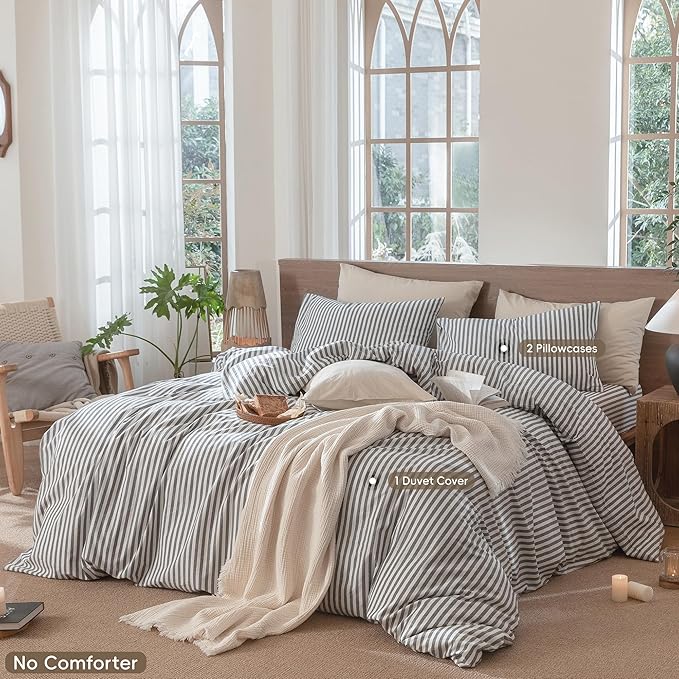 MooMee Striped Duvet Cover Set 100% Washed Cotton Linen Like Textured Breathable Durable Soft Comfy (Dark Grey White Classic Stripes, Cal King 104"x98")