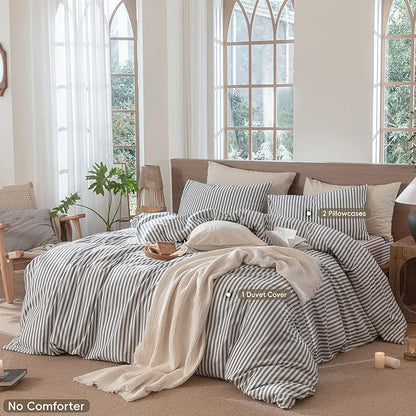 MooMee Striped Duvet Cover Set 100% Washed Cotton Linen Like Textured Breathable Durable Soft Comfy (Dark Grey White Classic Stripes, Super Queen 90"x98")