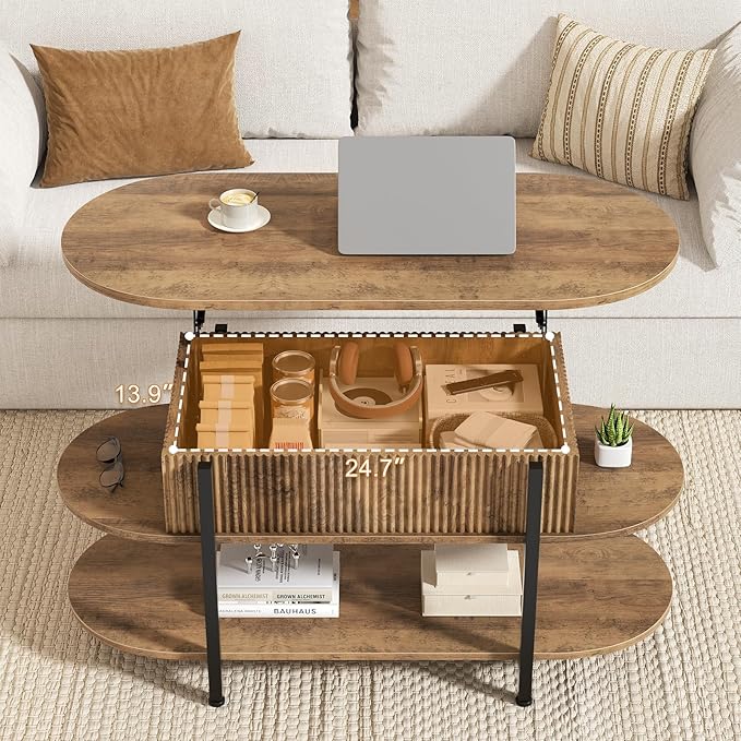 FABATO 41.7" Oval Lift Top Coffee Table, Fluted Wood Center Table with Hidden Storage, 3 Tier Small Tables with Curved Edge, Modern Narrow Coffee Table for Living Room Reception Room, Vintage Oak