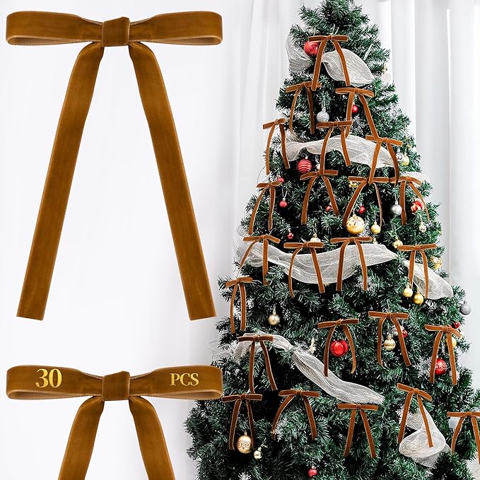AYGXU 30pcs Velvet Bows for Christmas Tree Decorations,Twist tie Bows,Vintage Christmas Bow Decor,premade Bow for Gift Wrapping,Table,Garland,Fireplace Decor.Brown(5/8" W,5.1 * 7in)