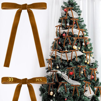 AYGXU 30pcs Velvet Bows for Christmas Tree Decorations,Twist tie Bows,Vintage Christmas Bow Decor,premade Bow for Gift Wrapping,Table,Garland,Fireplace Decor.Brown(5/8" W,5.1 * 7in)