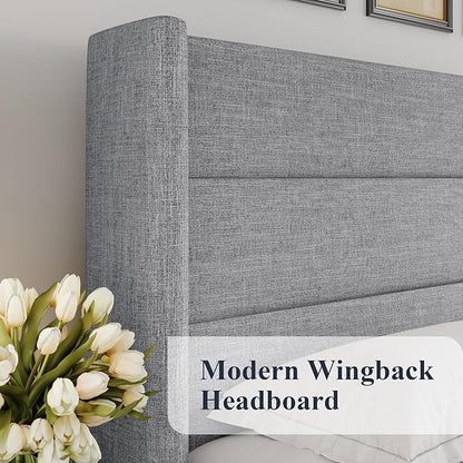 Allewie Queen Size Lift Up Storage Bed, Modern Wingback Headboard, Hydraulic Support, No Box Spring Needed, Light Grey