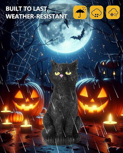 Black Cat Figurine with Glow-in-The-Dark Eyes - 7.3" Spooky Resin Halloween Decorations Halloween Decor Outdoor/Indoor (Black Cat)