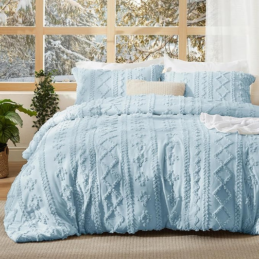 Bedsure Tufted Boho Comforter Set King Size - Dusty Blue Boho Bed Set, GentleSoft™ 3 Pieces Farmhouse Shabby Chic Embroidery Bedding, Gifts for Woman, Soft Jacquard King Comforter for All Seasons