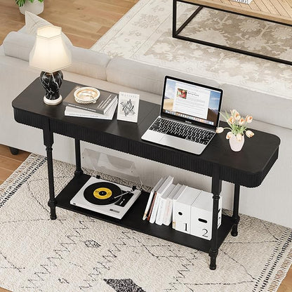 63'' Fluted Console Table with 2 Drawers, 2-Tier Long Entryway Tables with Open Storage, Wooden Narrow Sofa Table Behind Couch, Foyer Accent Table for Living Room, Hallway, Entrance (Black)