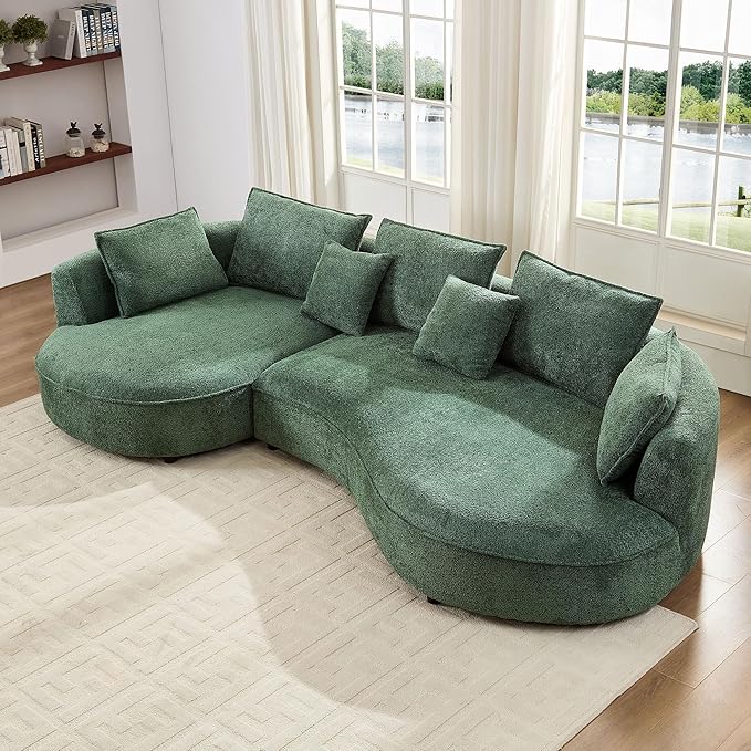 125'' Modern Curved Cloud Sofa Luxury Living Room 5 Seater Combo Sofa Cloud Curve Design Mid Century Upholstered Sofa with Ottoman for Living Room Bedroom Apartment (Boucle+Right Facing, Green)