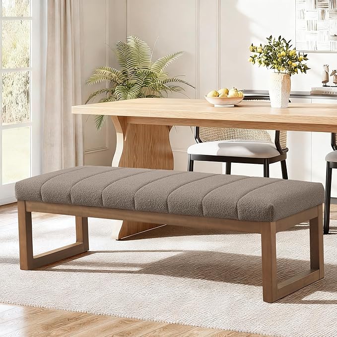 52.7" Bedroom Bench for End of Bed, Modern Upholstered Teddy Fabric Entryway Bench & Dining Bench, Footrest Stool Bench with Solid Wood Frame for Bedroom, Living Room (Dark Brown)