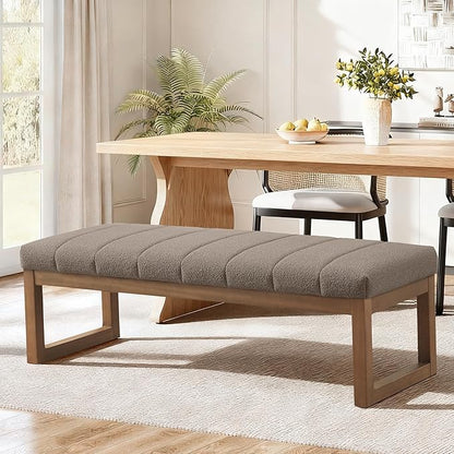 52.7" Bedroom Bench for End of Bed, Modern Upholstered Teddy Fabric Entryway Bench & Dining Bench, Footrest Stool Bench with Solid Wood Frame for Bedroom, Living Room (Dark Brown)