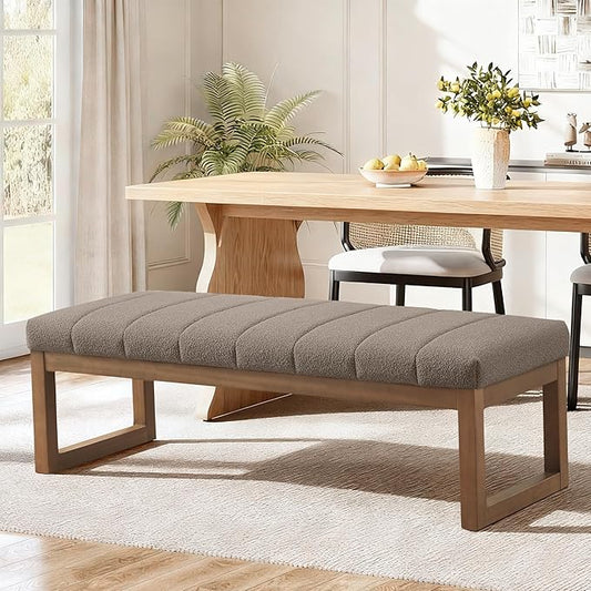 52.7" Bedroom Bench for End of Bed, Modern Upholstered Teddy Fabric Entryway Bench & Dining Bench, Footrest Stool Bench with Solid Wood Frame for Bedroom, Living Room (Dark Brown)