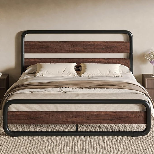 SHA CERLIN Full Size Metal Bed Frame with Wooden Headboard and Footboard, Heavy Duty Oval-Shaped Platform Bed Frame with 10" Under-Bed Storage, Noise Free, No Box Spring Needed, Mahogany