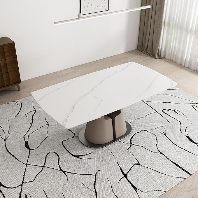 Modern Dining Table, Seats 8-10, Extendable Sintered Stone Dining Table, White Top, Saddle Leather Pedestal Table, 90 in.