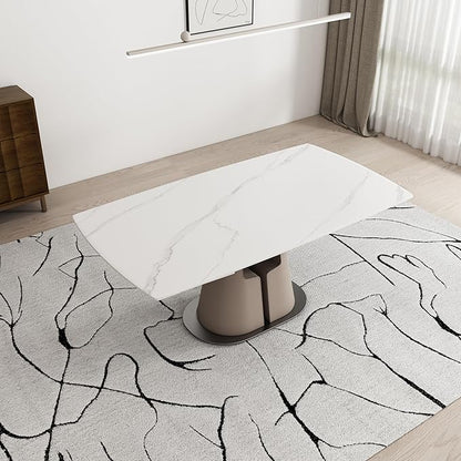Modern Dining Table, Seats 8-10, Extendable Sintered Stone Dining Table, White Top, Saddle Leather Pedestal Table, 90 in.