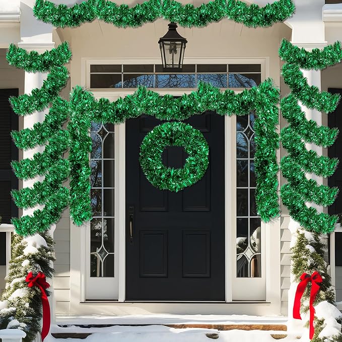50FT Tinsel Christmas Garland Metallic Twist Garland Shiny Hanging Tinsel for Christmas Tree Party Supplies Indoor Outdoor Home Xmas Decoration (Green)