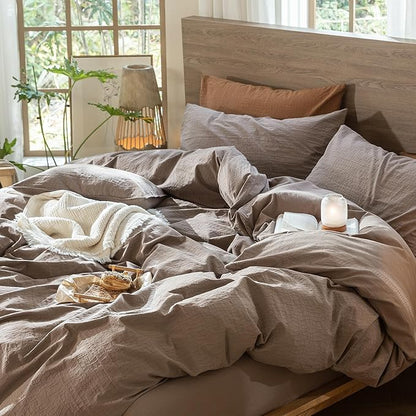 MooMee Wavy Striped Duvet Cover Set 100% Washed Cotton Linen Like Textured Breathable Durable Soft Comfy (Brown, Twin 68"x90")