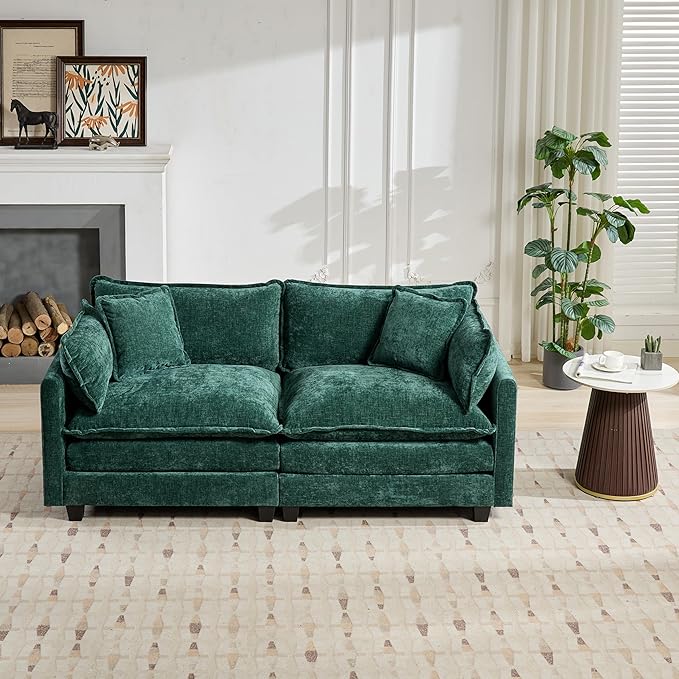 SoarFlash 71.6" Chenille Sectional Sofa, Comfy Modular Loveseat Sofa, Modern 2-Seat Couch Deep Seat Sofa Set for Living Room,Green