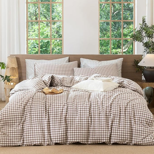MooMee Gingham Duvet Cover Set 100% Washed Cotton Linen Like Textured Breathable Durable Soft Comfy Modern Checkered Design (Brown Gingham, King 104"x90")